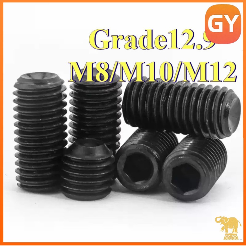 M8 M10 M12 12.9 ชุบดำ ตัวหนอน หกเหลี่ยม ปลายตัด เกลียวมิล สกรู เกรดแข็งพิเศษ Hex Socket Set Screw GB77 [GYYY-TG]