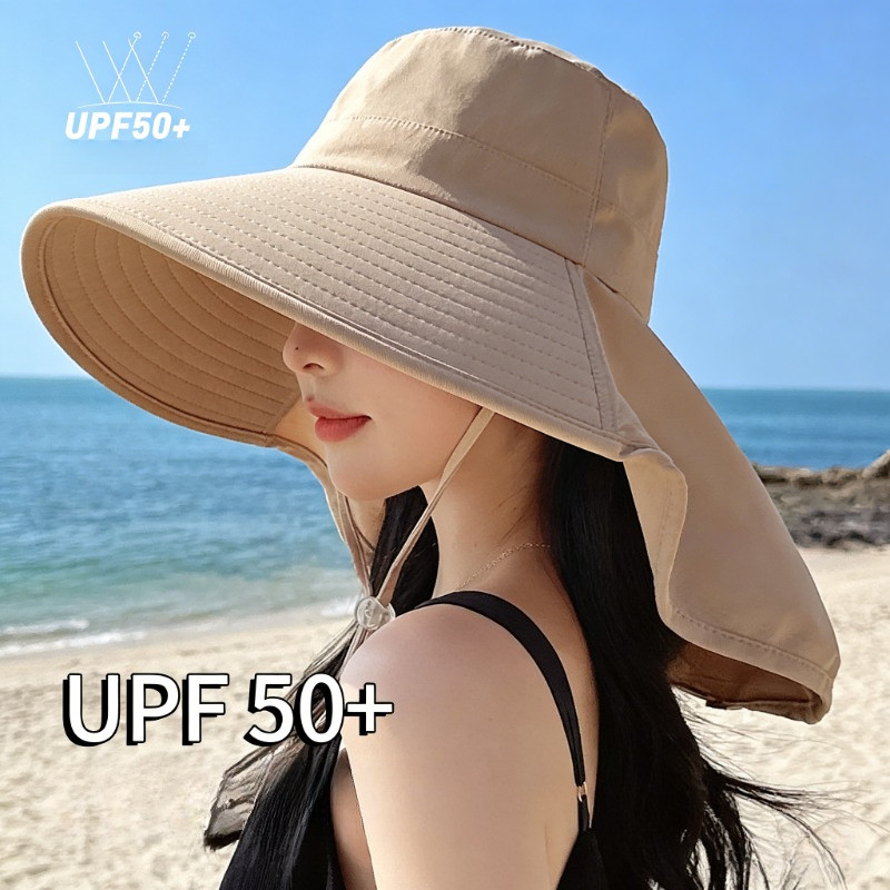 หมวกกันแดดคลุมหน้าแบบผ้าคลุมใหญ่ หมวกบักเก็ตกันลม สำหรับปั่นจักรยาน สไตล์เรียบง่าย ผู้หญิง ป้องกันรังสียูวี
