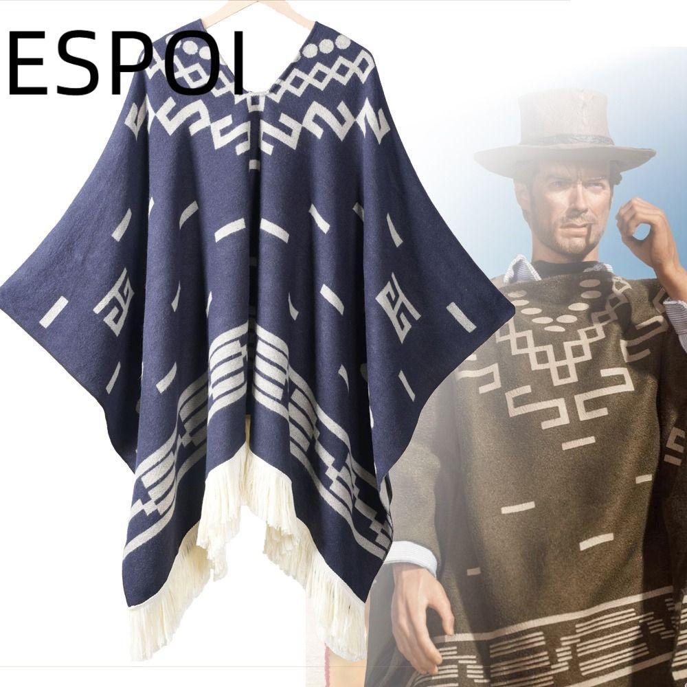 ESPOI ถัก Fringed เสื้อสวมหัว Mantle, เลียนแบบแคชเมียร์ฤดูหนาว Warm Western คาวบอย Cape, แฟชั่นหนาผ้าคลุมไหล่ขนาดใหญ่สําหรับผู้หญิง Man