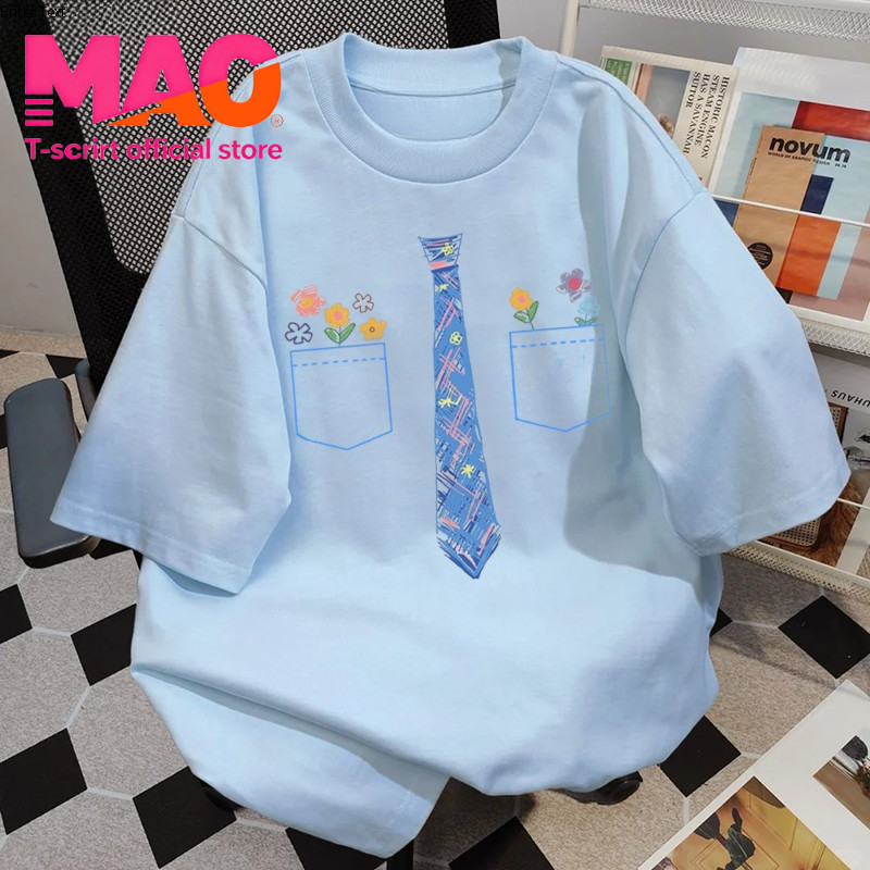 COD✅ (จัดส่งในกรุงเทพฯ) MAO Shop ✨ผ้าคอตตอน ลายเนกไทสีฟ้า เหมาะสำหรับสาวอวบ แขนสั้น โอเวอร์ไซซ์ เนื้อนุ่ม