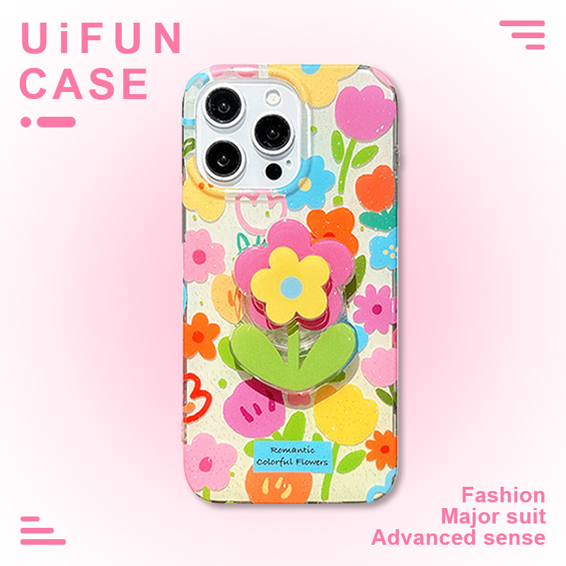 INS สีสันหมุนได้ดอกไม้ผู้ถือขาตั้งเคสโทรศัพท์สําหรับ iPhone 17 16 15 14 Pro Max 13 17Pro Anti-Scratch Hard IMD โทรศัพท์มือถือปกหลัง Shell