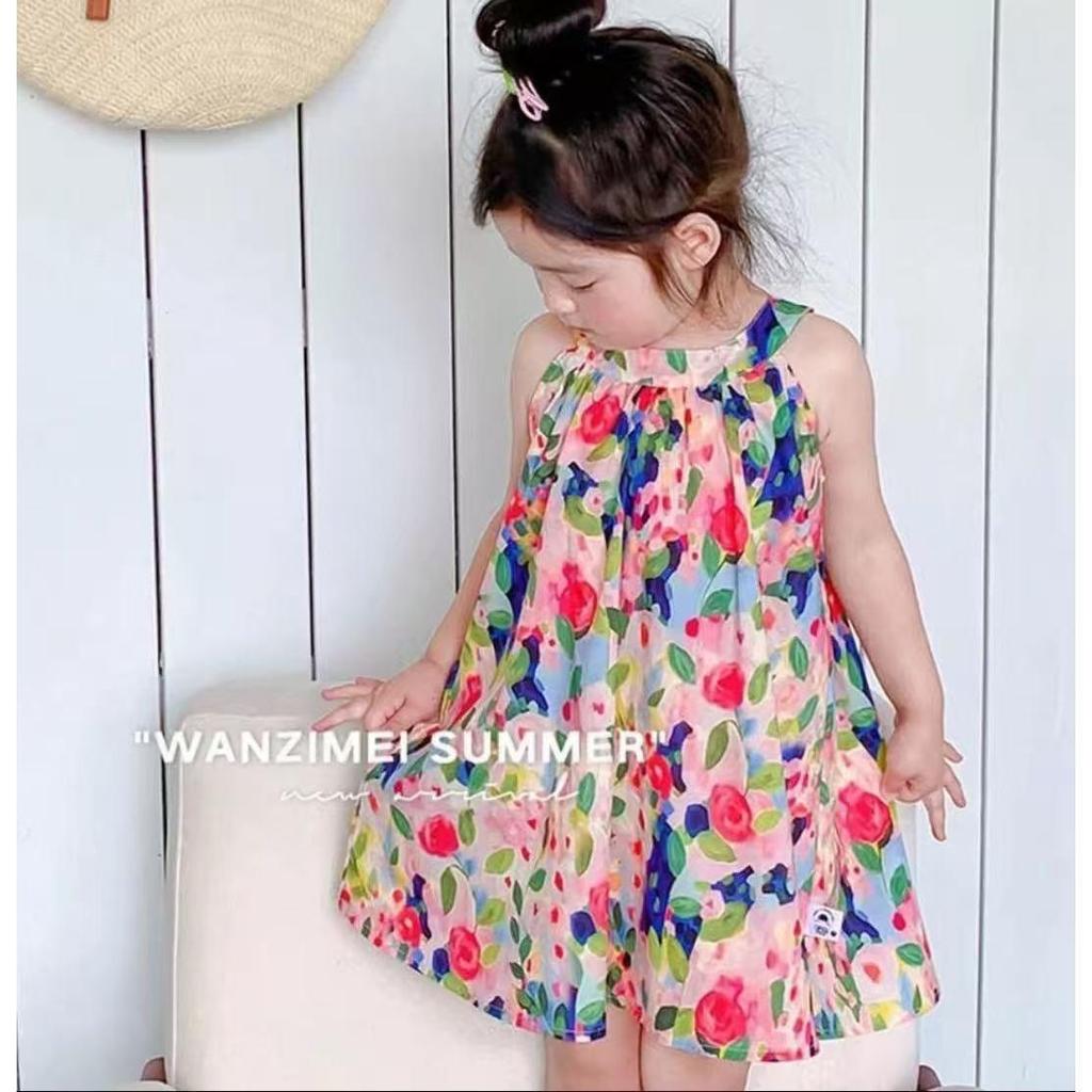 [พร้อมส่ง] ชุดเดรสเด็กผู้หญิง คอคล้องคอ ลายดอกไม้หวานๆ ทรงเอใส่สบาย ไซส์เด็กทารก-6 ปี [DA-BB]