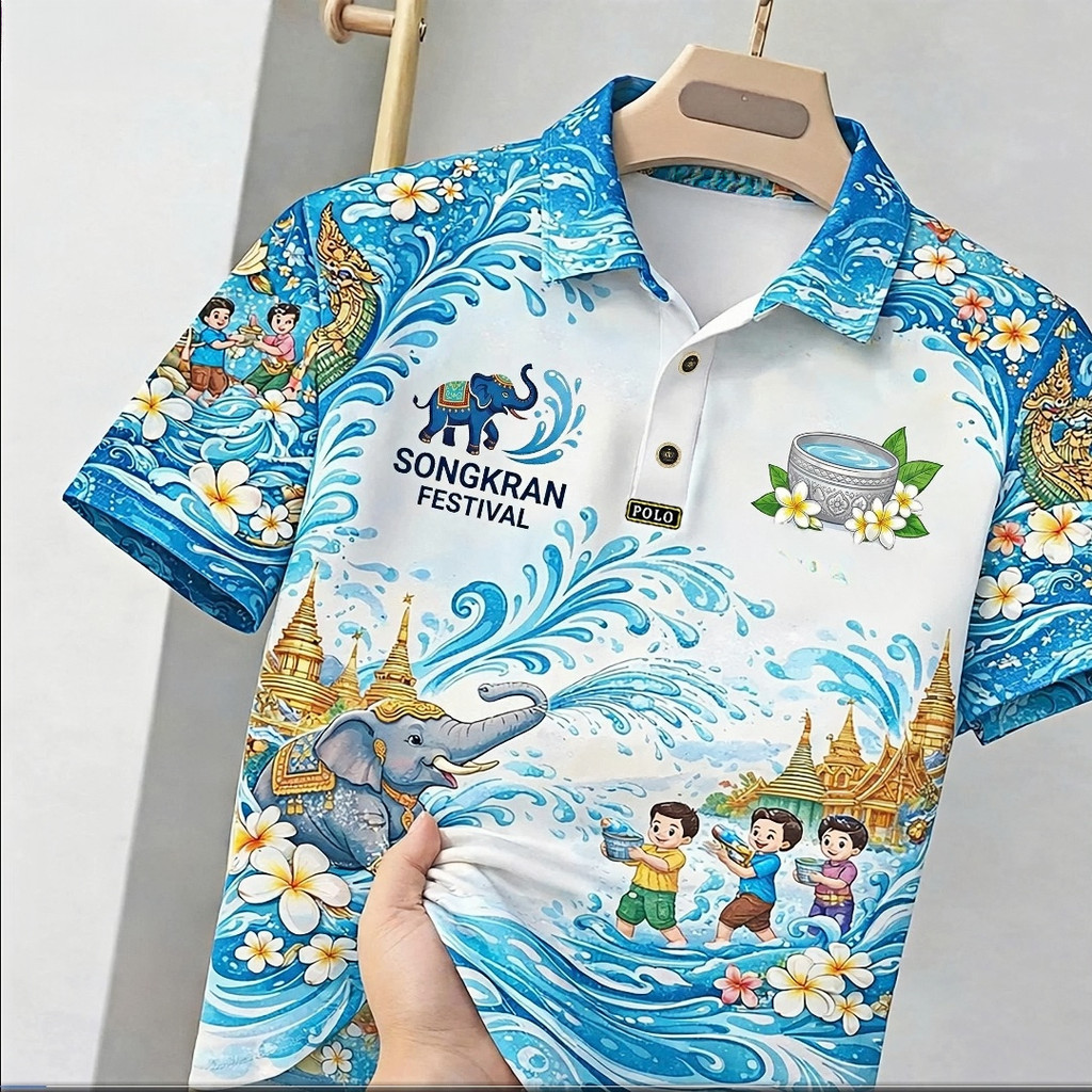 เทศกาลสงกรานต์ วันสงกรานต์ โปโล และเสื้อยืด ไทย เสื้อยืดแขนสั้น พิมพ์ลาย 3ง สําหรับวันหยุด ชุดลําลอง ระบายอากาศและแห้ง ทุกขนาด ไม่จํากัดเพศ