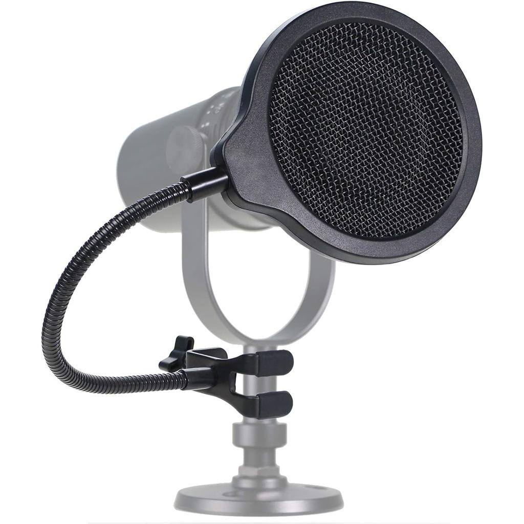 MV7 ไมโครโฟน Pop Filter Mask Shield สําหรับ Shure MV7 Mic, 4 นิ้ว 3 ชั้นกระจกยืดหยุ่น 360°คลิปหนีบคอ