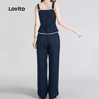 Lovito สง่างาม เสื้อหรือกางเกงลูกไม้ติดกระดุมชุดสีน้ําเงินกรมท่าฤดูใบไม้ผลิ/ฤดูร้อนสําหรับผู้หญิง หลวม เกาหลี อินเทรนด์ L179AD056