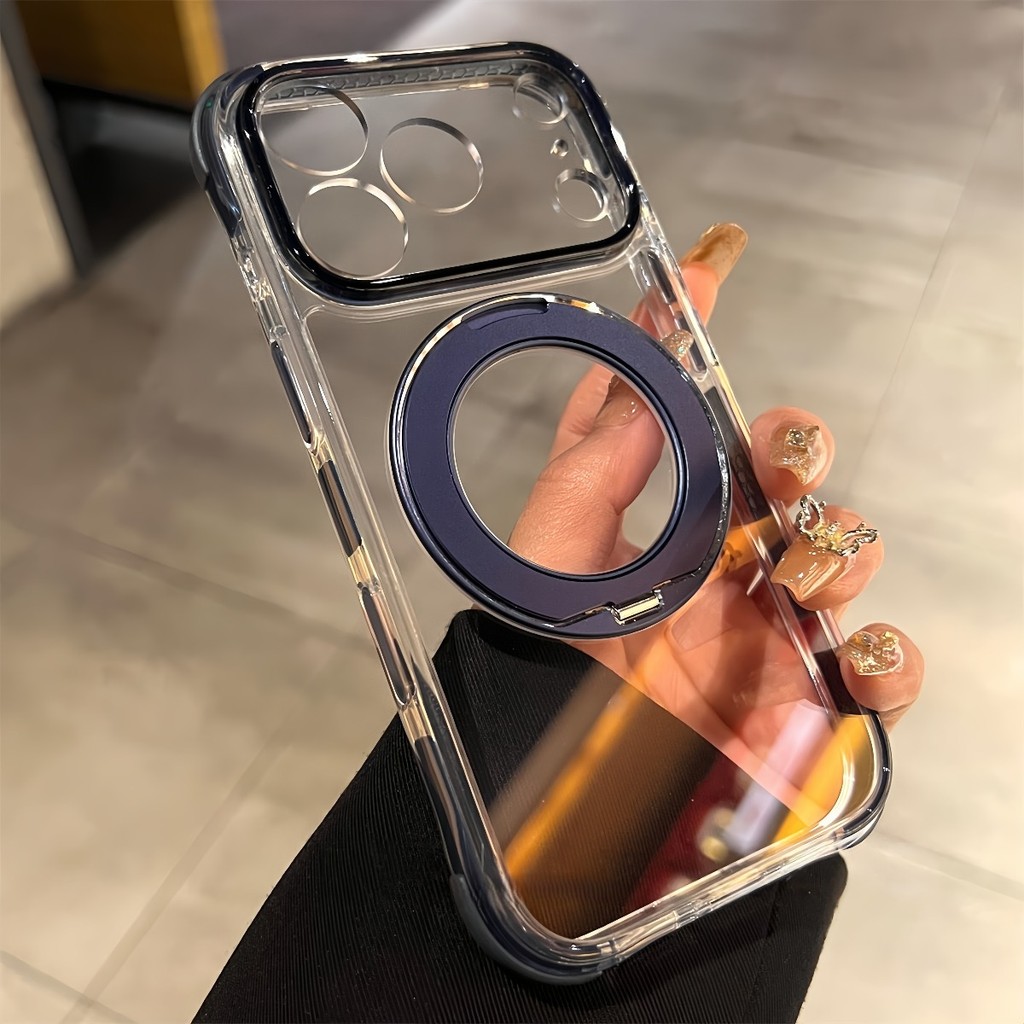 คุณภาพสูง AI ปุ่มถุงลมนิรภัยแม่เหล็กเคสใสสําหรับ iPhone 17 Pro 16 Pro Max โลหะ 360° ขายึดหมุนได้ เคสกันกระแทก