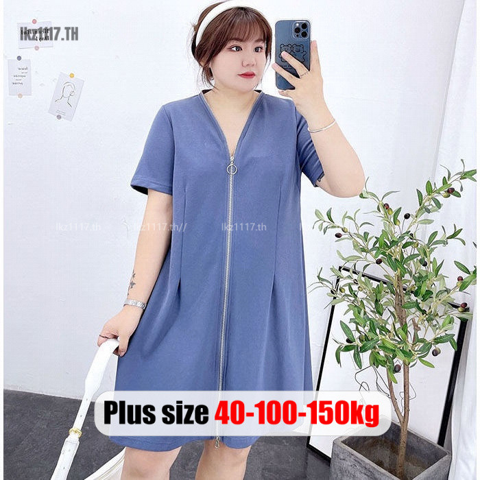 Plus Size✅เดรสสาวอวบ ไซส์ใหญ่ ผู้หญิง เดรสยาวปานกลาง แขนสั้น คอวี มีซิป ทรงขาตรง ทรงหลวม ฤดูร้อน เกาหลี แฟชั่น Oversize พลัสไซส์ สาว อวบอ้วน ใส่ได้