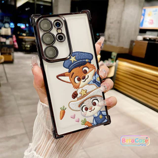 สำหรับ Samsung S25U,S24U,S23,S23U,S22,S22U,S21U,S20,S20FE เคสซัมซุง สุนัขจิ้งจอกกระต่ายคู่น่ารัก ชุบโลหะ สี่มุม กันตก