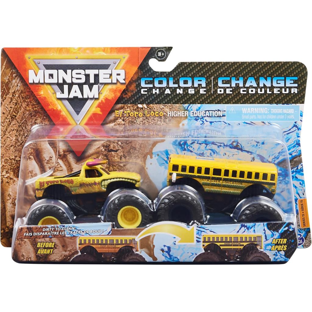 Monster Jam 2021 เปลี่ยนสี 2 แพ็ค El Toro Loco Yellow vs Higher Education School Bus 1:64 Scale Die-