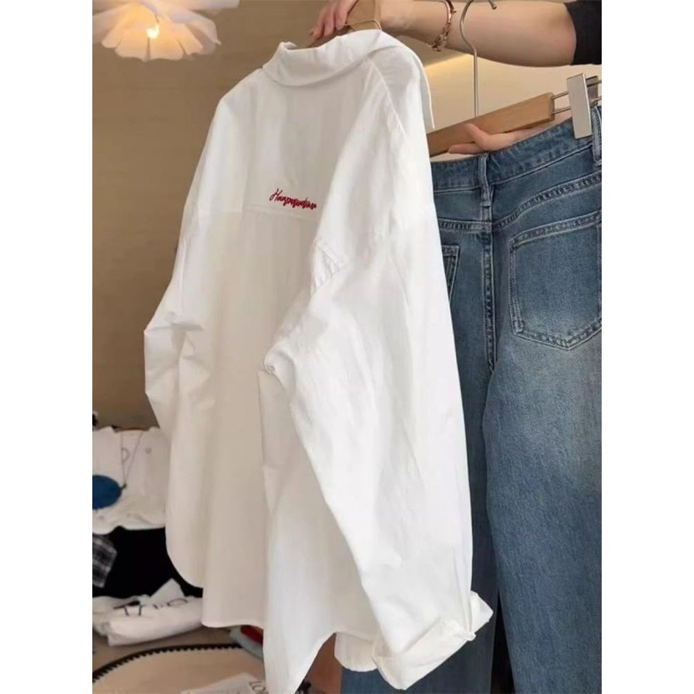 ปาร์ตี้เยาวชน สุภาพสตรีเสื้อเชิ้ตสีขาวลายปักโฮมเมด ทรงหลวมสไตล์เกาหลีสำหรับฤดูใบไม้ร่วง