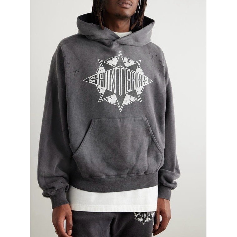LKLI SAINT Michael DENIM TEARS Hoodie with washed-out, distressed, ripped, and tear-print designs fo