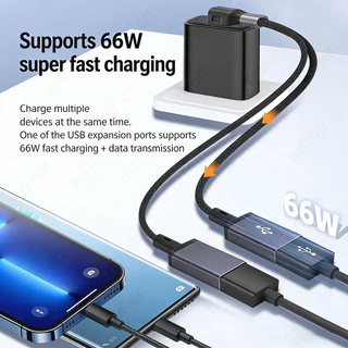66W Super Fast สายชาร์จข้อศอก USB to Type C หญิงชาร์จสายไฟ OTG อะแดปเตอร์โทรศัพท์สายเคเบิลข้อมูลรถหูฟังหลายพอร์ตขยาย Dock