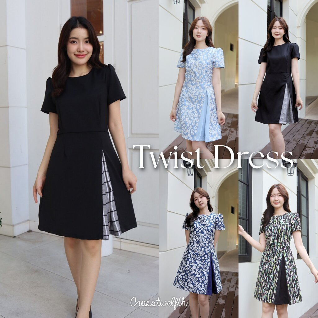 DR2467 - เดรสทรง skater แต่งด้านหน้ากระโปรงผ่าทวิต พร้อมส่ง (พรีออเดอร์เฉพาะลายดอก)