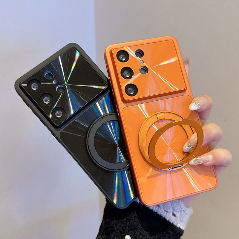 360°วงเล็บหมุน Aurora Laser CD-Pattern Magnetic Case สําหรับ Samsung S26 Ultra Plus S25 FE Ultra S24 Ultra Plus FE ไร้สายชาร์จ Hard กันกระแทกโทรศัพท์ปกหลัง