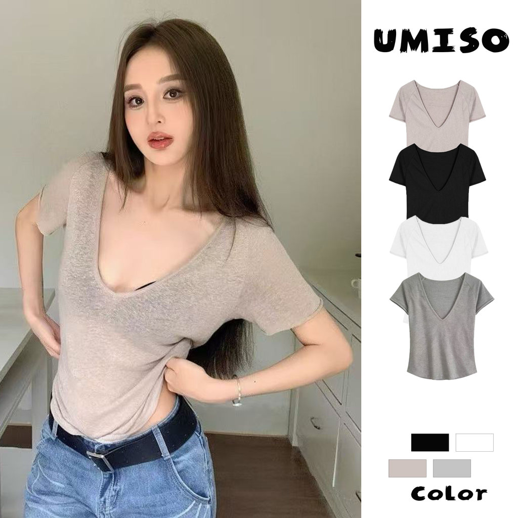 UMISOส่งไวจากไทย เสื้อยืดผู้หญิง คอวี แขนสั้น กันแดด ทรงหลวม เซ็กซี่เบาๆ ผ้ายืด นุ่ม มีให้เลือกสี่สี