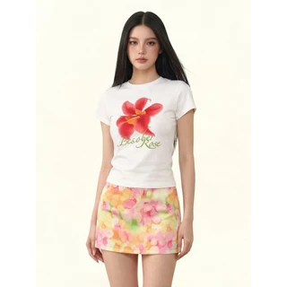 Rita พร้อมส่ง🍒เสื้อยืดลายดอกไม้สไตล์เกาหลี แต่งตัวกับกระโปรงสั้น สวมใส่สบาย ทรงกระชับ ใส่ได้ทุกวัน เข้ากับทุกลุค