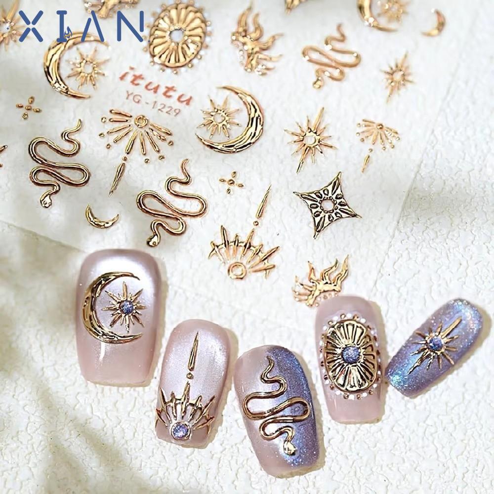 XIANEN สติ๊กเกอร์ติดเล็บ, Bronzing Stars Moon Totem 5D Self-Adhesive สติ๊กเกอร์ติดเล็บ, แฟชั่นซิลเวอร์โกลด์เล็บ Slider เล็บ Decoation Decals