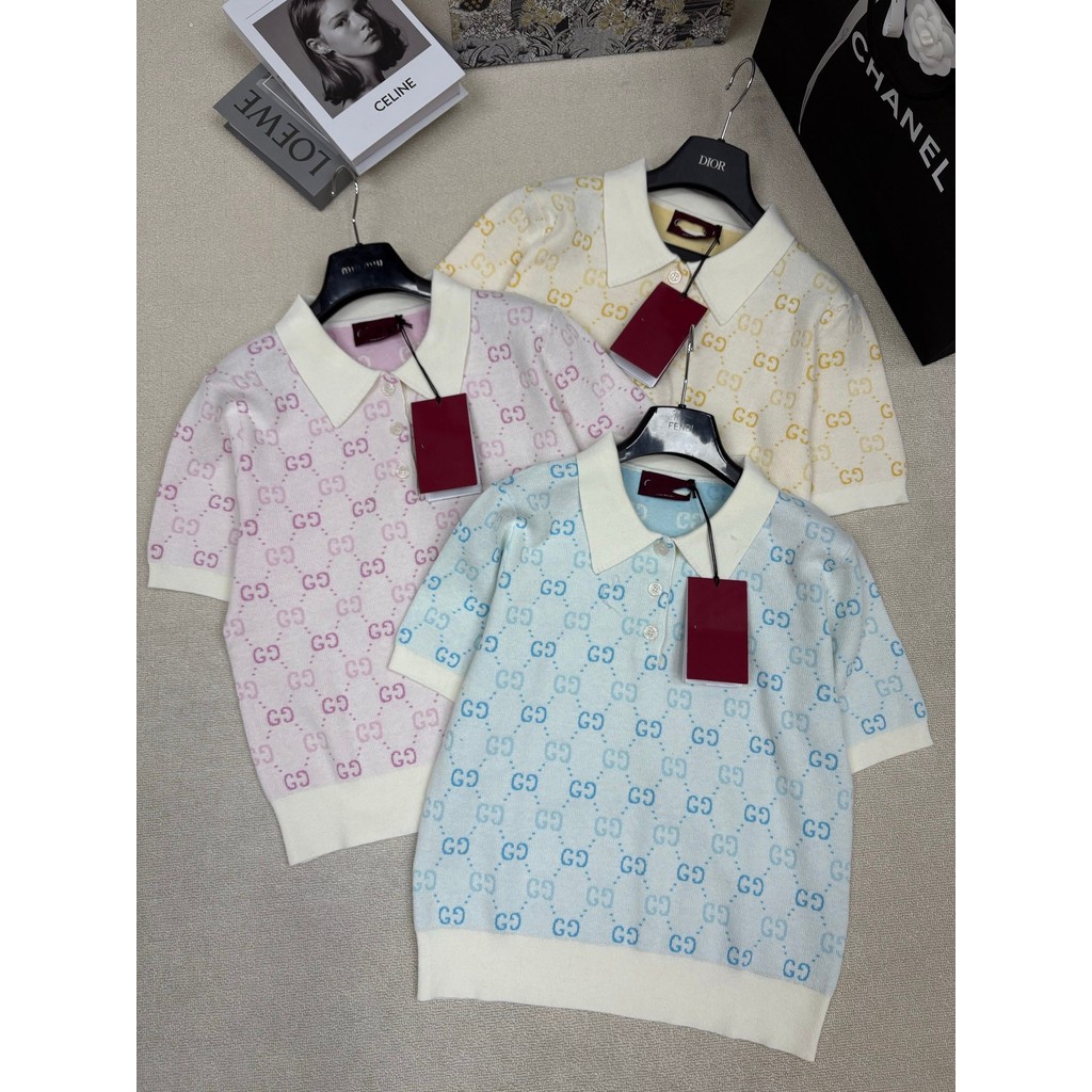 E7MI GG'GU 26New women's short-sleeve knitwear T T-shirt with a turn-down collar and short sleeves p