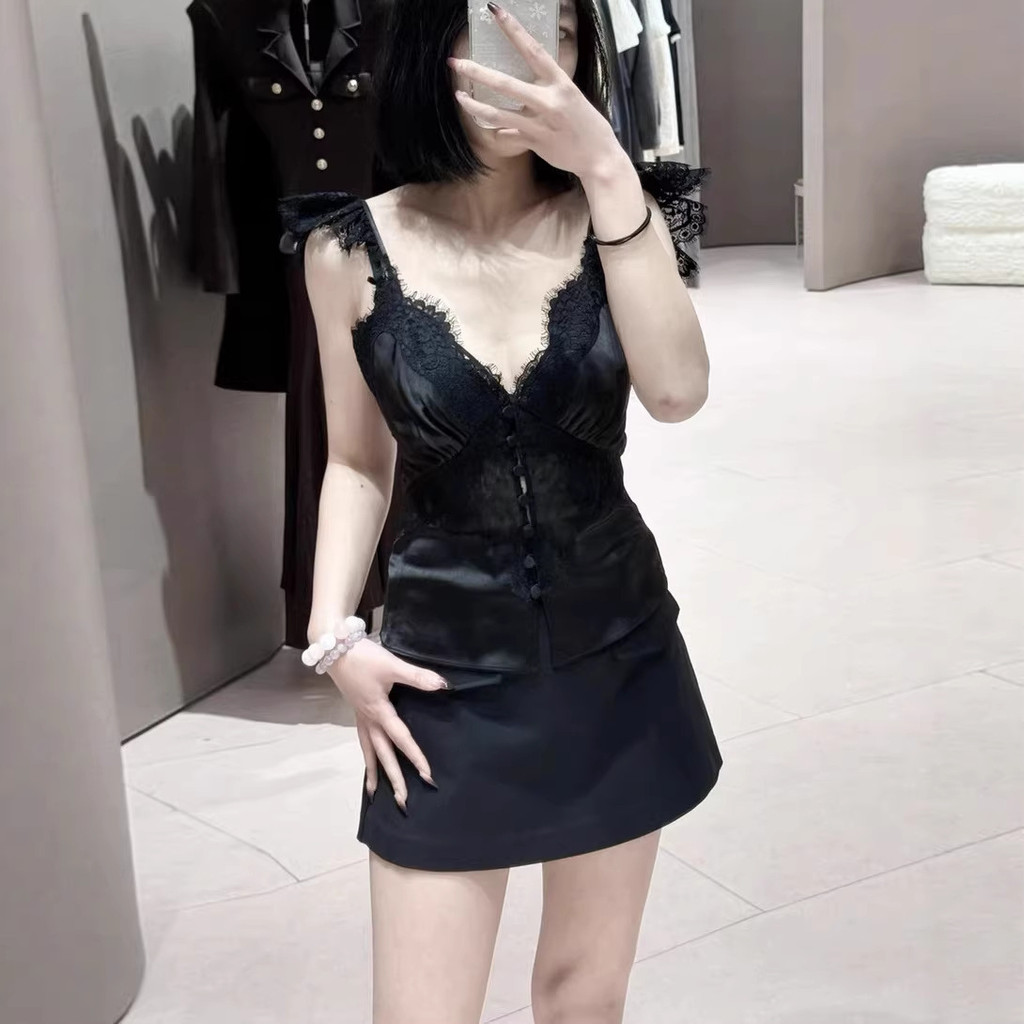H2TP maje ฤดูใบไม้ผลิฤดูร้อนเซ็กซี่สไตล์ V คอลูกไม้ซาตินเย็บปุ่ม Camisole Vest Top