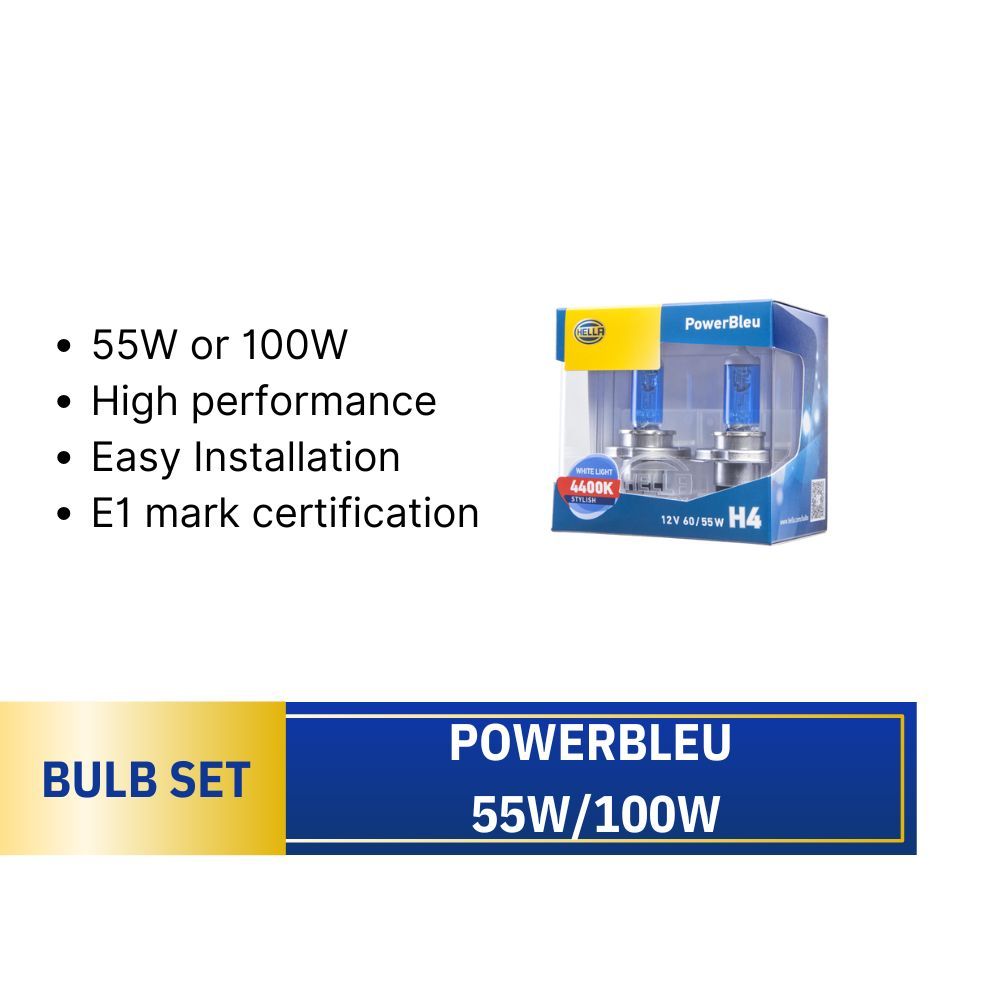 HELLA Powerbleu Upgrade Bulbs 4400K & 5000K high wattage 80W/100W for H1 H3 H4 HB3 HB4 H7 H11