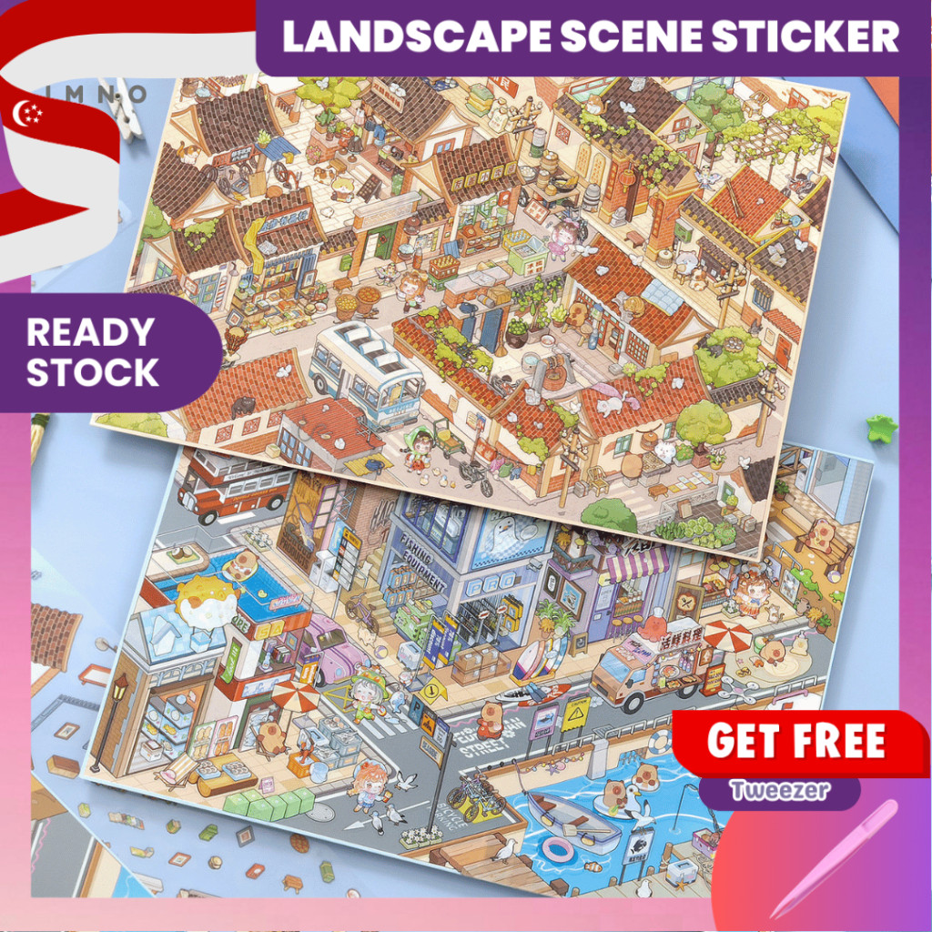 [KW] Nostalgic Days Landscape Sticker 3D Scene Sticker for Journaling, สมุดภาพ, บรรเทาความเครียด & –