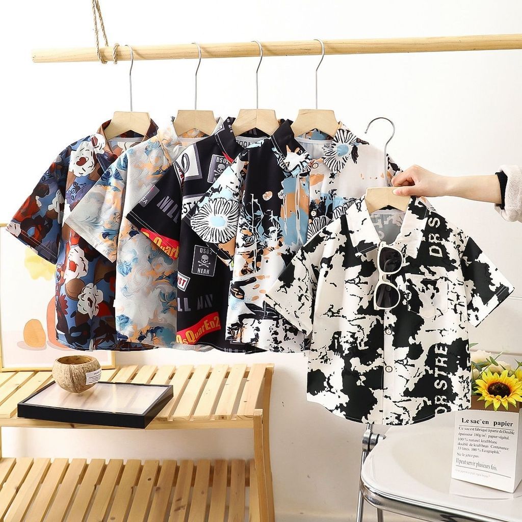 现货spotCool เสื้อเชิ้ตแขนสั้นพิมพ์ลายฤดูร้อนเด็กเวอร์ชั่นเกาหลี Scub