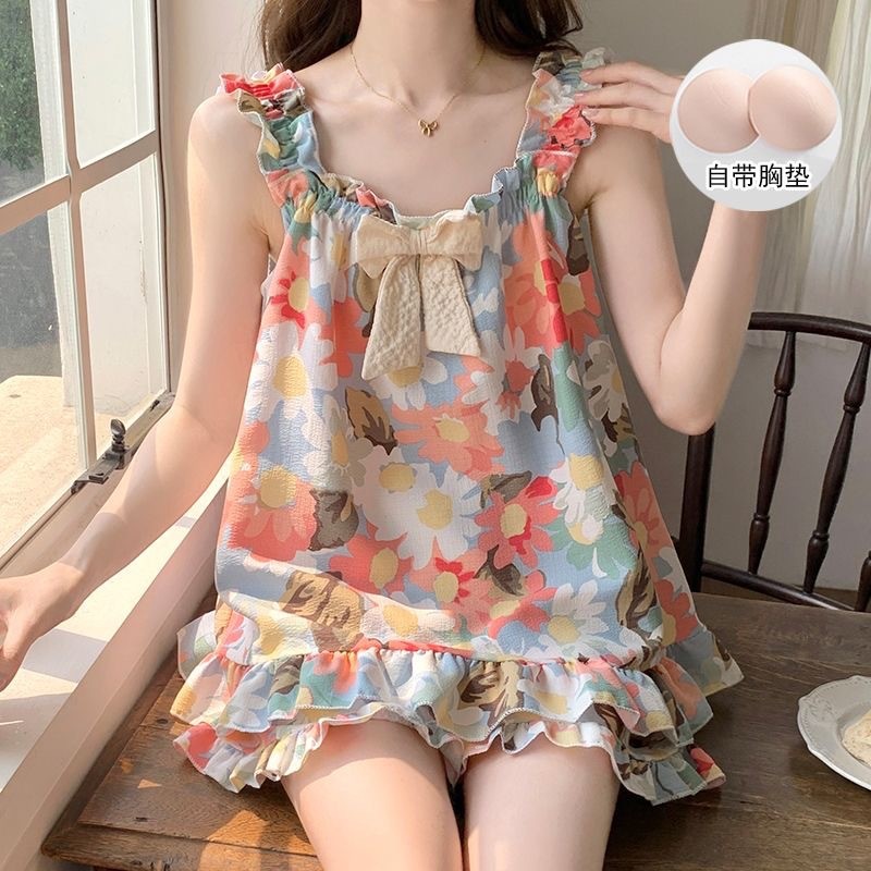 ผ้าฝ้าย Pad สลิงชุดนอนฤดูร้อนฤดูร้อนดอกไม้หวาน Ruffles High-Appearance น่ารักด้านนอก Homewear ชุด WRT5