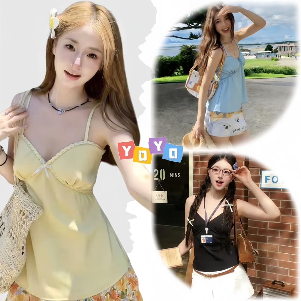 YOYO พร้อมส่ง🌈เสื้อสายเดียวซาติน🌈เสื้อกล้ามคอวีหลึก สีพื้น เสื้อครอป เรียบหรู แฟชั่นเซ็กซี่ผู้หญิง เหมาะกับวันสงกรานต์