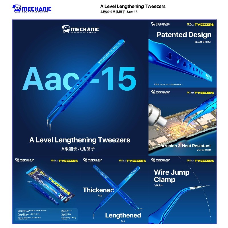 ช่าง Aac-15 แหนบยาวระดับการกัดกร่อนและทนความร้อนสําหรับการซ่อมโทรศัพท์สายบินจุดเชื่อมคลิปเครื่องมือ