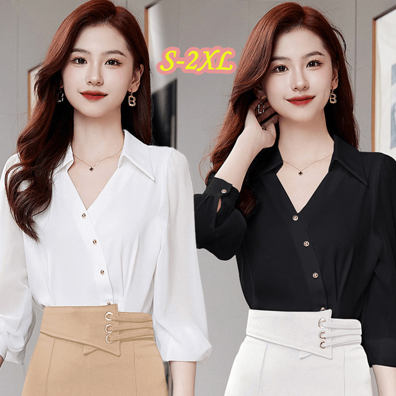 littlebee✨99205เสื้อเชิ้ตแขนยาวคอวีลายแพทช์เวิร์คสีพื้นสไตล์ใหม่สำหรับผู้หญิง เรียบง่ายและมีสไตล์ เหมาะสำหรับใส่ทำงาน