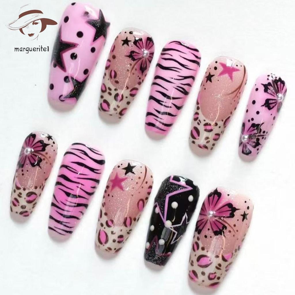 30 ชิ้น Y2K สไตล์เล็บปลอม Star Zebras ดอกไม้พิมพ์ตกแต่ง 3D ไข่มุกตกแต่งเล็บปลอมสําหรับวันหยุดตกแต่งเ