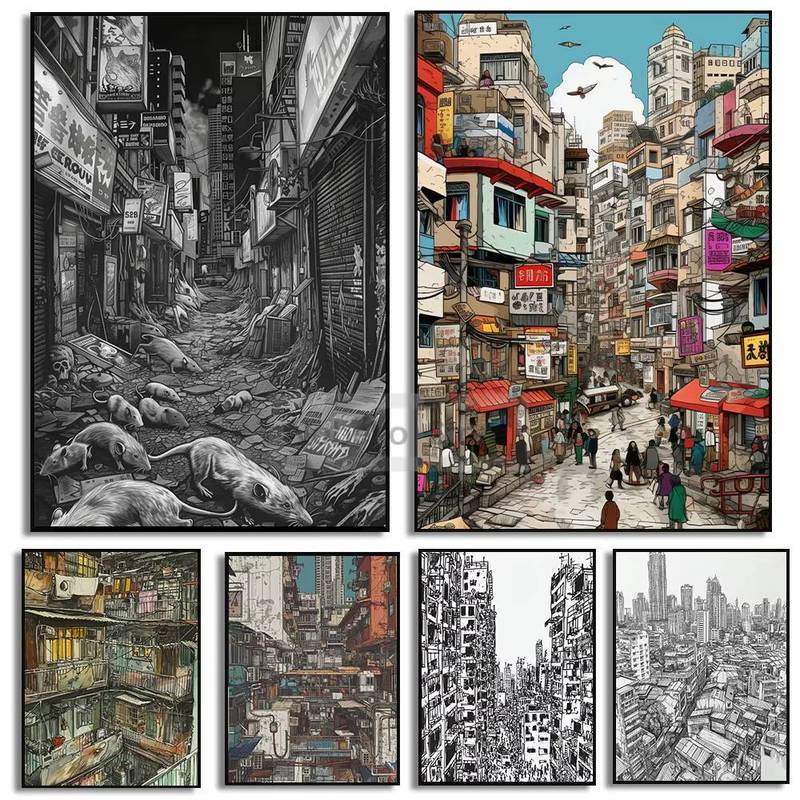 โรงงานโดยตรง Kowloon Walled City Hong Kong Street ฉากรูปแบบต่างๆโปสเตอร์ไม่มีกรอบผ้าใบภาพวาด Wall De