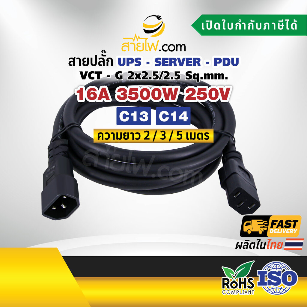 สายไฟ AC สายปลั๊ก UPS PDU IEC53 VCT-G 2x2.5/2.5 Sq.mm. มีกราวด์