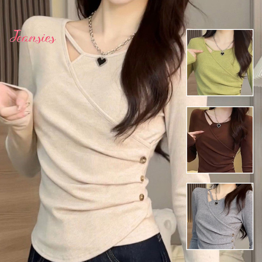 เสื้อยืดแขนยาว เสื้อด้านในฤดูใบไม้ร่วง ทรงรัดรูป