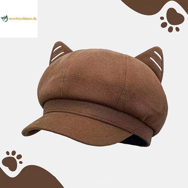 Tweetwehhno สไตล์ญี่ปุ่นน่ารักทําด้วยผ้าขนสัตว์ Cat Ear Beret สําหรับผู้หญิงฤดูใบไม้ร่วงและฤดูหนาว Duckbill หมวกแปดเหลี่ยม TH