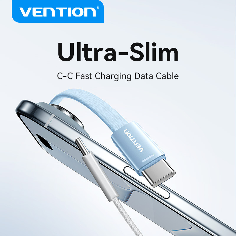 Vention Type-C Flat Cable ดีไซน์บางเฉียบ 60W PD Fast Charge 3A ไนลอนที่ทนทานในปัจจุบัน Tangle-Free สําหรับ IP