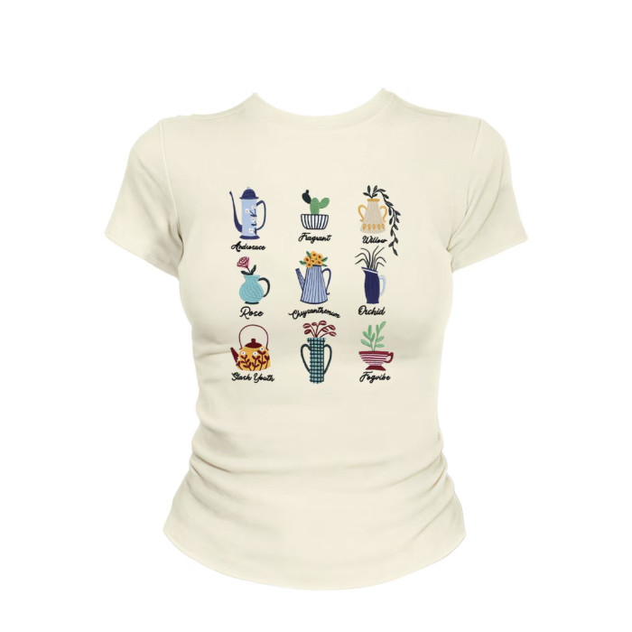 COD [40 ชิ้น + ผ้าฝ้าย 92% + 8% Spandex] รอบคอแขนสั้นพิมพ์เสื้อยืดผู้หญิง Slim-fit ฤดูร้อนสไตล์ใหม่ห