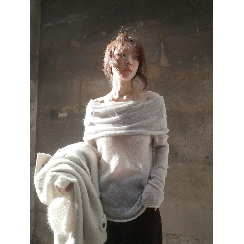 [SR-STUDIO] เสื้อกันหนาวไหล่เดียวสไตล์เกาหลีใต้ด่งแดมุน ลายดอกไม้สามมิติ