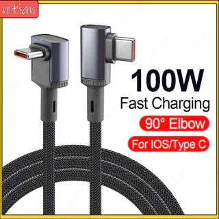 ข้อศอกสเตอริโอ 100W USB Type C สายชาร์จเร็วสุด 90° ข้อศอก Dual Type C ที่ชาร์จโทรศัพท์สายเคเบิลข้อมูลการส่งข้อมูลสายชาร์จ 0.25 M/0.5 M/3 M/5 M สายถักสําหรับ IOS/Android