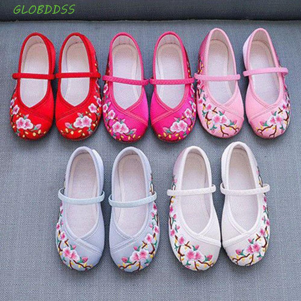 รองเท้าเต้นเด็กผู้หญิง สไตล์ชาติพันธุ์ ดอกไม้ Soft Sole สะatิน ใส่สบายสำหรับการฝึกหัด