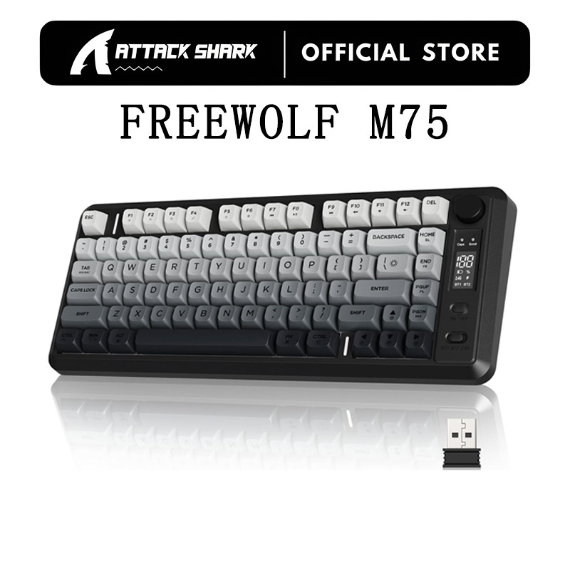 FREEWOLF M75 คีย์บอร์ดเกมไร้สาย RGB Backlit ชาร์จ 2000mAh แบตเตอรี่เมมเบรนสมาร์ทจอแสดงผลและลูกบิด PBT Gradient Keycaps สําหรับ PC/MAC