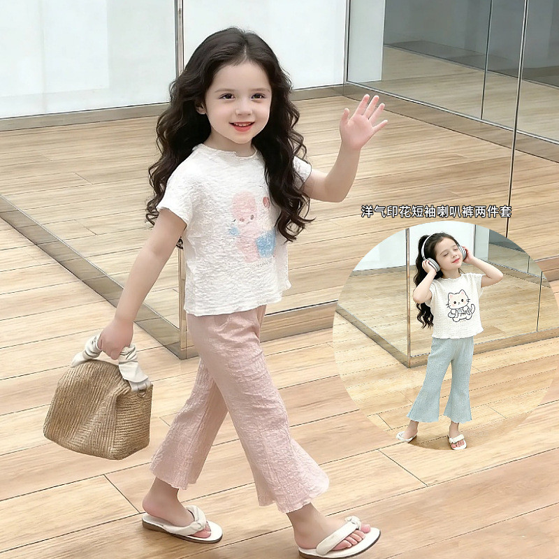 [RJ] 100-140ซม ชุดสูทเด็กผู้หญิงฤดูร้อนสไตล์ใหม่กระต่ายแมวแฟชั่นพิมพ์แขนสั้นกางเกงบานหวานเด็กชุดสองชิ้น