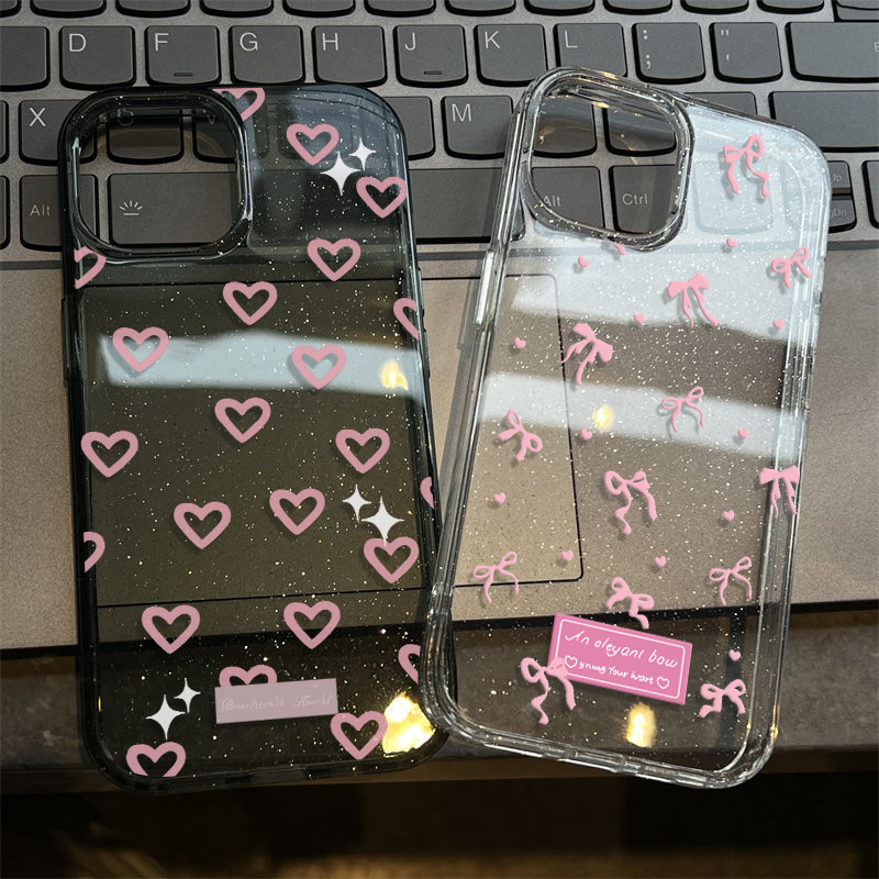 เคส iPhone 16 Pro Max iPhone 11 13 14 17 เคสใสแบบแวววาว TPU นุ่มสีสันสดใส หัวใจและโบว์สีชมพูน่ารัก Compatible iPhone15 – โปรปัง