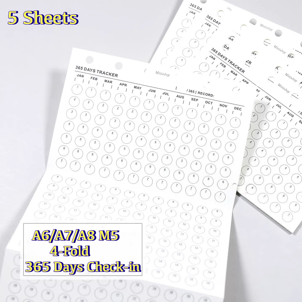 5 แผ่น A6/A7/A8 M5 4 พับ Habit Tracker Planner เติมกระดาษใบหลวม 365 วันรายปีรายเดือน Plan Check-in ส