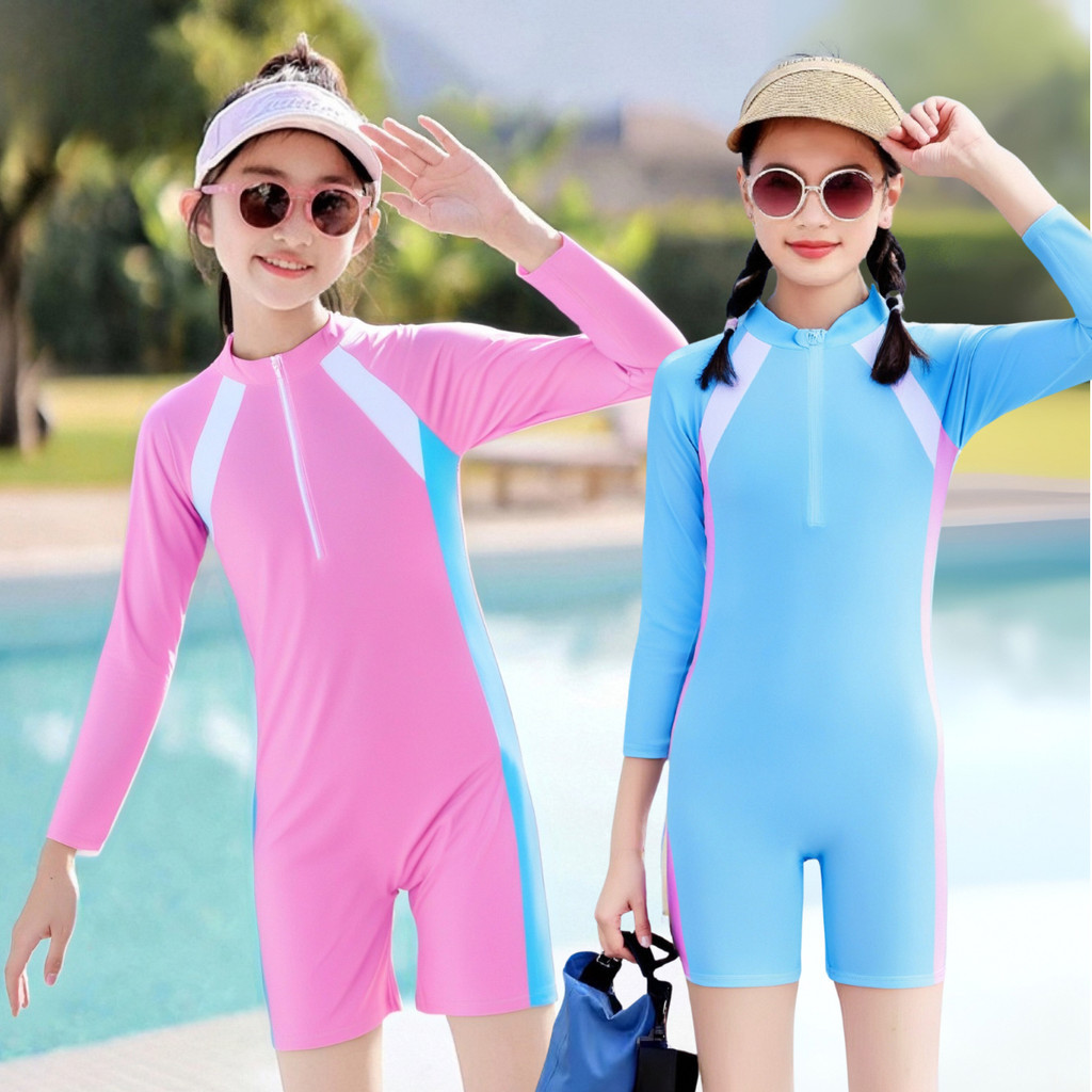 ชุดว่ายน้ำวันพีซ สำหรับเด็กผู้หญิง สีชมพูหวานและสีฟ้าสด ป้องกันรังสียูวี ชุดว่ายน้ํา ชุดว่ายน้ําเด็ก