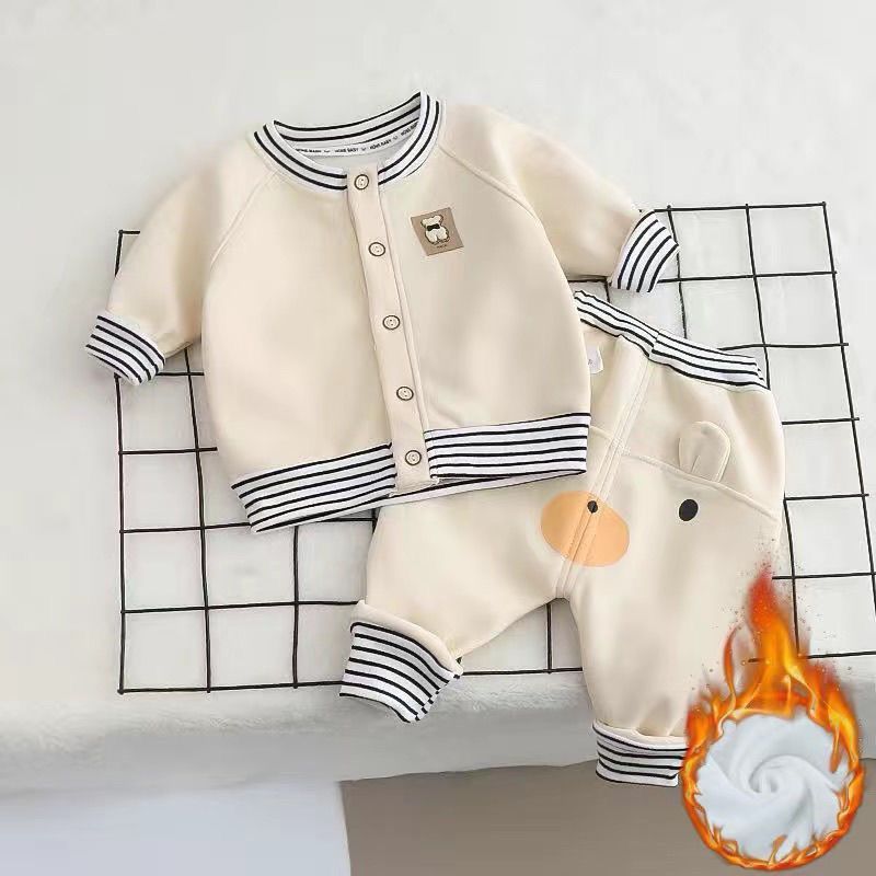 春秋冬季儿童宝宝卡通条纹奥利绒高腰屁屁裤套装两外套裤子小童1.28Spr Autumn Winter Children's Baby Cartoon Striped Ollie Velvet High