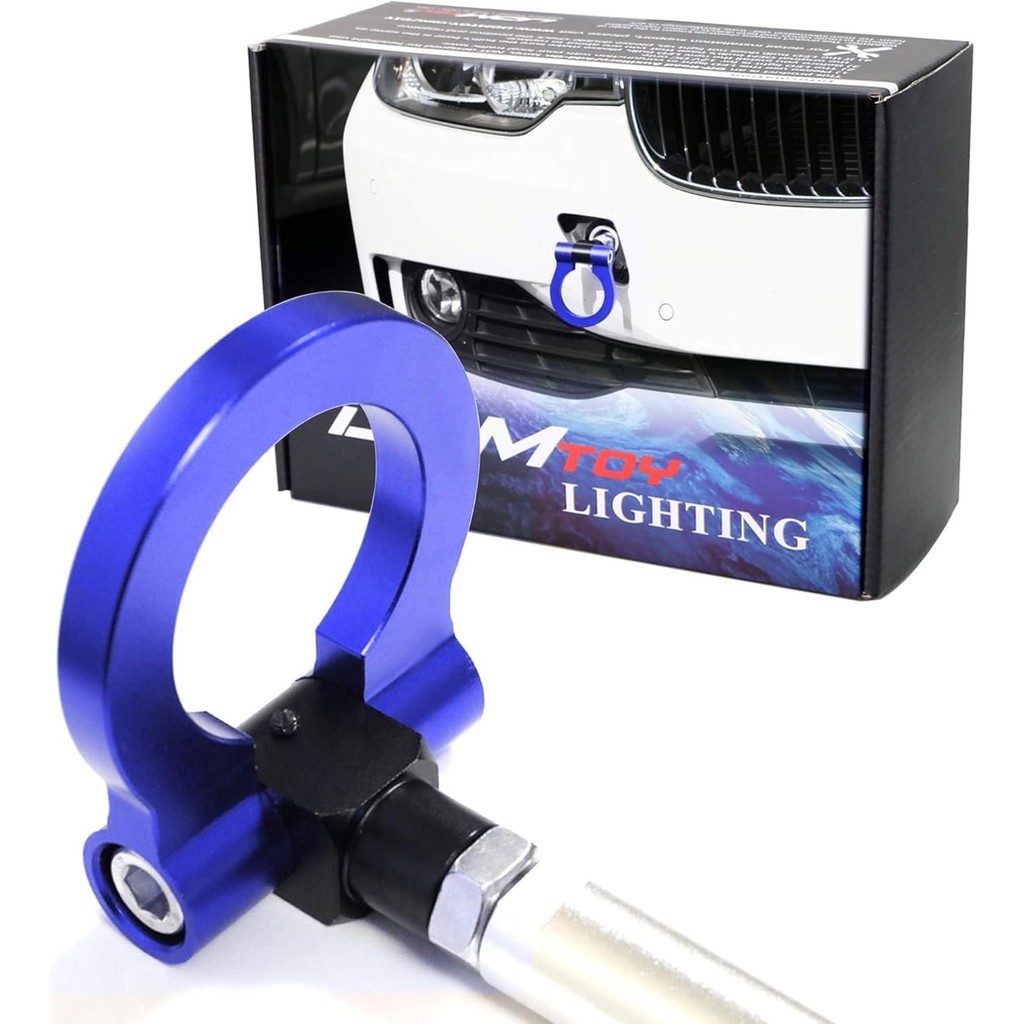 IJDMTOY Blue Track Racing Style Tow Hook Ring เข้ากันได้กับ BMW 1 3 5 Series X5 X6 (E36 E39 E46 E90 