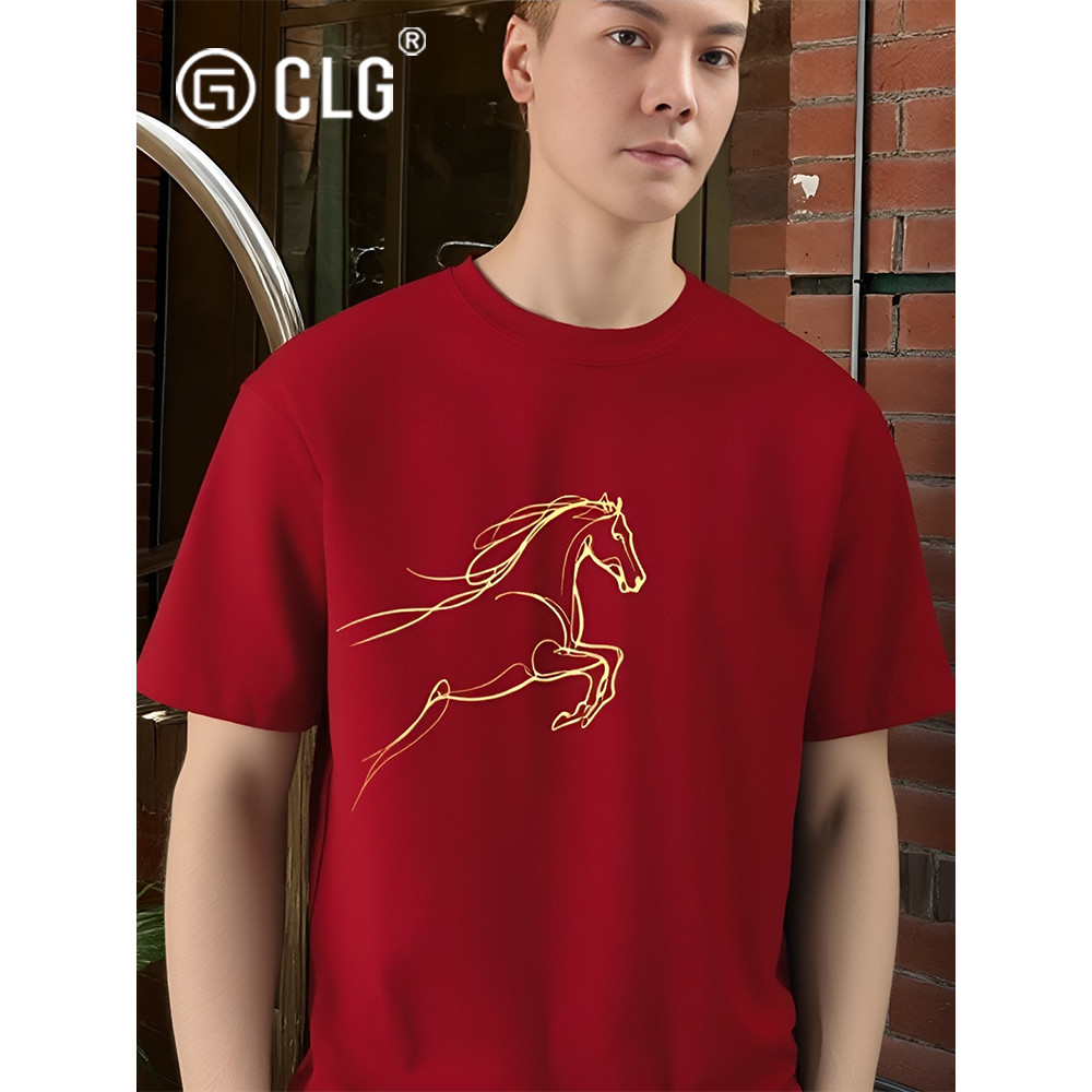 ฮ่องกง CLG Street Wear สไตล์ใหม่ผ้าฝ้ายแท้เสื้อยืดแขนสั้นหนักชายสีแดง Benming Horse ปีรอบคอครึ่งแขน