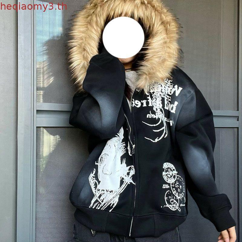 American Retro Y2k Millennium Fur Collar Zipper Hooded Jacket สําหรับผู้หญิง Dark Street Jacket