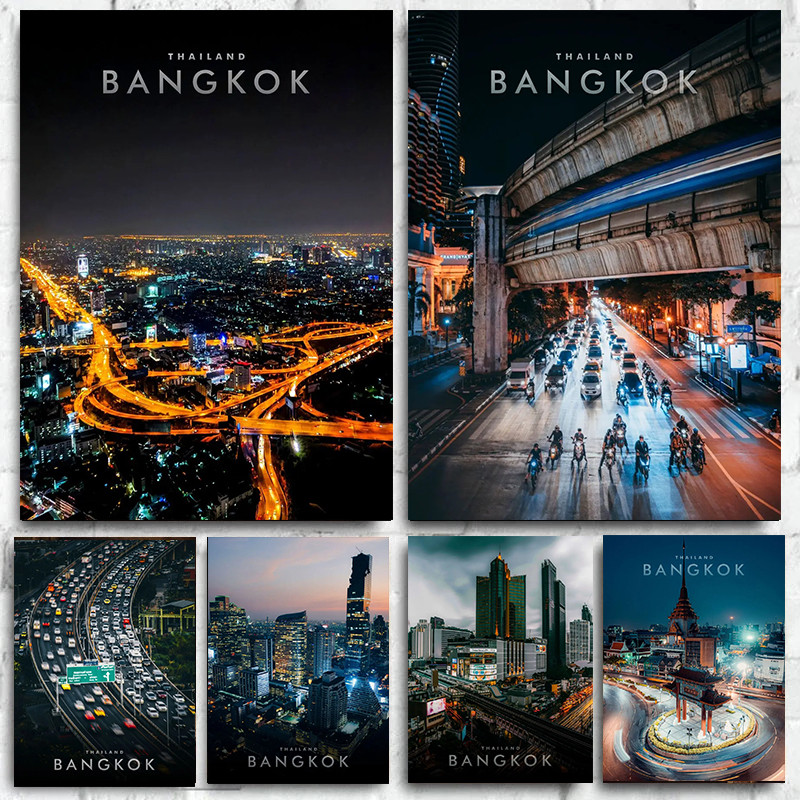 ประเทศไทยกรุงเทพโปสเตอร์เมืองภาพวาดผ้าใบและพิมพ์ Modern Cityscapes ภาพติดผนังสําหรับห้องนั่งเล่นตกแต่งบ้าน Cuadros